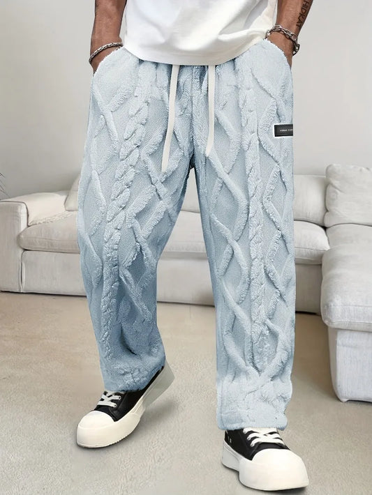 Men'S Winter Warm Fleece-Lined Pants with Drawstring Waist - Cozy Geometric Pattern Lightweight & Comfortable Outdoor Activities
