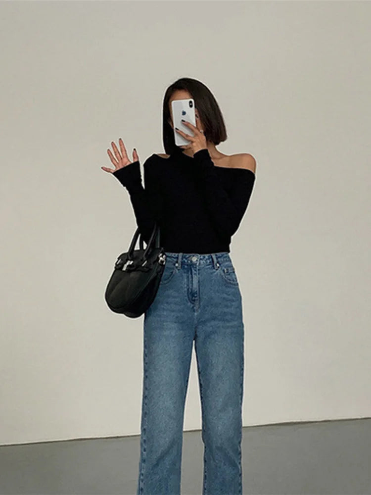 Mode Schräger Kragen Off-Shoulder Langarm-T-Shirts Damen Frühling Neu Einfarbig Slim Fit Crop Top Sexy Hohl Out Tees Shirts