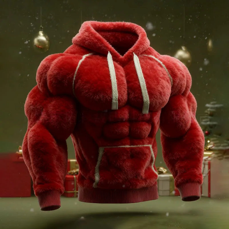 Men's Casual Sports Hoodie Fleece Lined Chest Muscle Print Long Sleeve Loose Fit Polyester Fiber Digital Print Hooded Sweatshirt