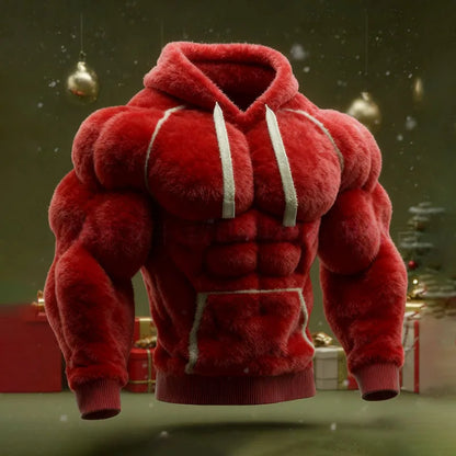 Men's Casual Sports Hoodie Fleece Lined Chest Muscle Print Long Sleeve Loose Fit Polyester Fiber Digital Print Hooded Sweatshirt
