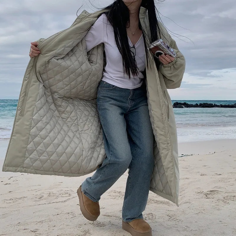 Winter Stand Collar Long Down Jacket Female Warm Drawstring Knee Length Cotton Jacket Women Workwear Thick Outwears