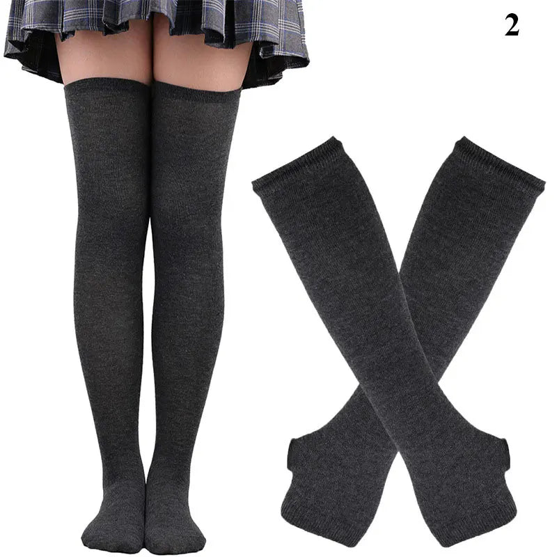 1 Set Damen Mädchen Overknee Lange Gestreifte Bedruckte Oberschenkelhohe Baumwollsocken Armstulpen Handschuhe Süße Niedliche Plus Size Overknee-Socken