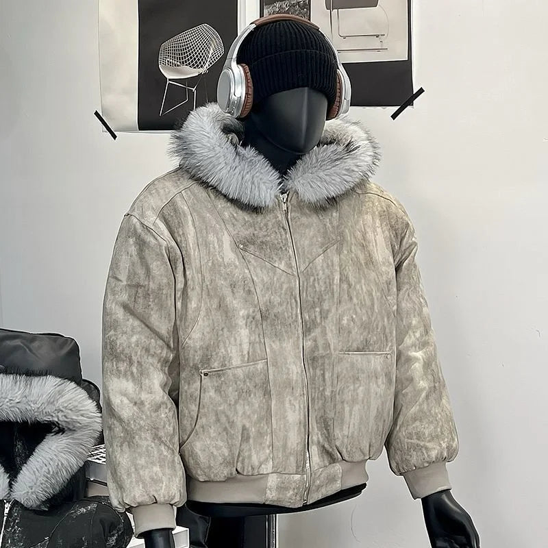 Y2K Cotton jacket with fur collar eagle embroidered and tie-dyeed winter men's design outdoor jacket thick and comfortable