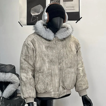Y2K Cotton jacket with fur collar eagle embroidered and tie-dyeed winter men's design outdoor jacket thick and comfortable