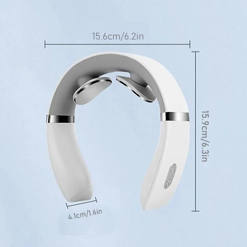 White neck massager with dimensions on a light blue background