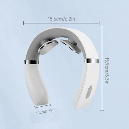 White neck massager with dimensions on a light blue background