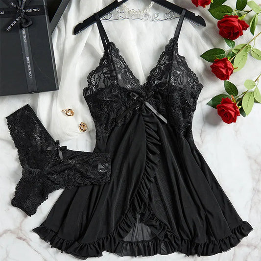 Women's Lace V-Neck Tulle Lingerie & Thong Nightgown Set