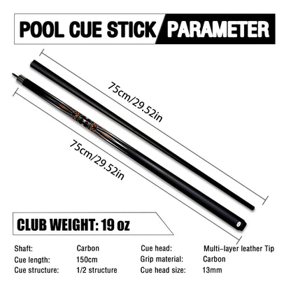12.75mm Tip High-Quality Multi-Layered Carbon Fiber and Glass Fiber Billiard Cue with Metallic Pattern, Yellow Color, Perfect fo