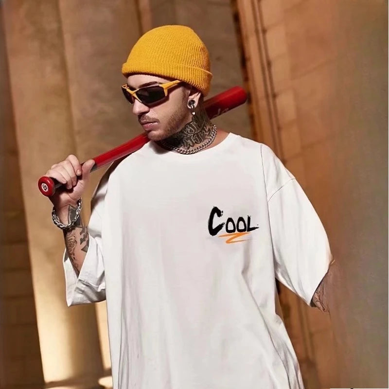 M-8XL Herren T-Shirt Oversized Mode Amerikanischer Monsterfisch Graffiti Buchstabe Cooler Druck T-Shirt Einfache Freizeit-Oberteile Partnerlook