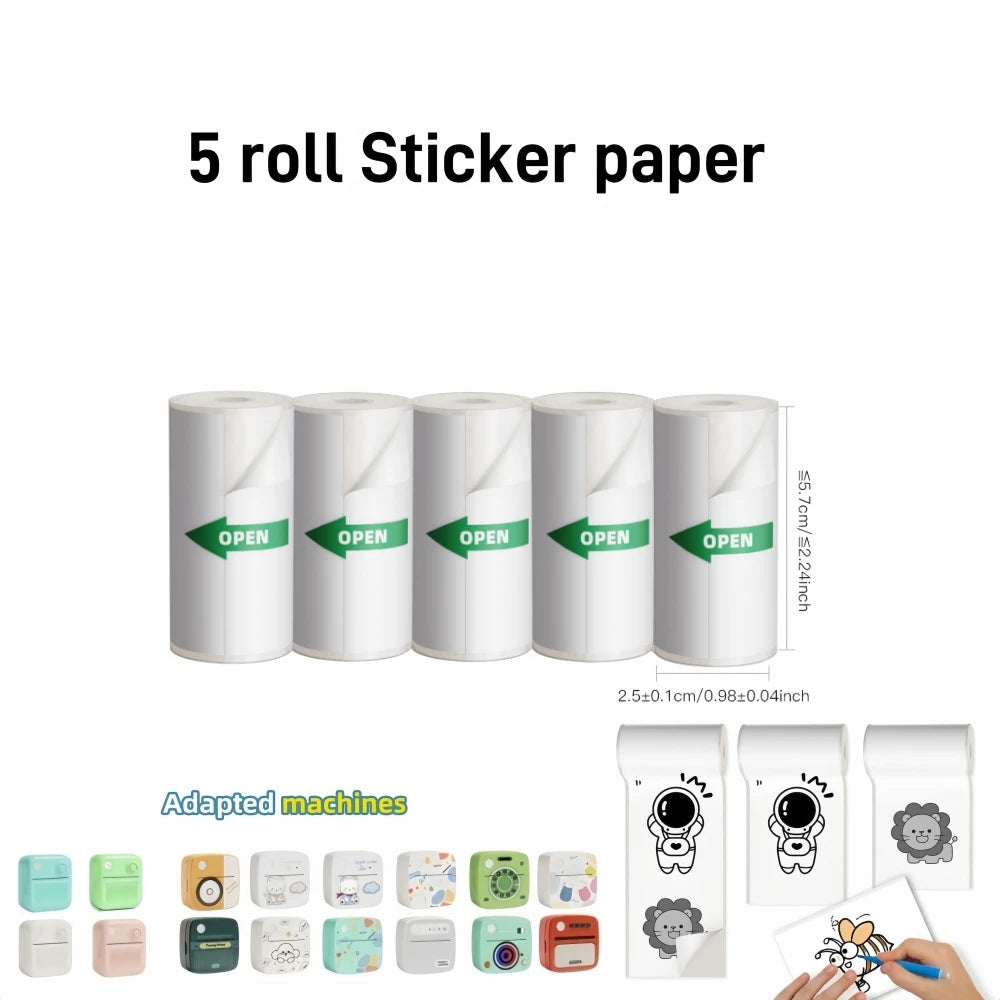 Five rolls of sticker paper with 'Open' labels on a white background