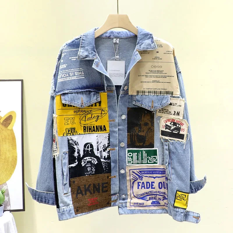 Women's Vintage Denim Jacket – Letter Print Casual