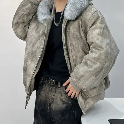Y2K Cotton jacket with fur collar eagle embroidered and tie-dyeed winter men's design outdoor jacket thick and comfortable