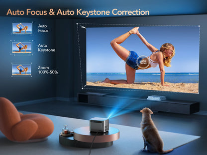 Home theater setup with a projector displaying a woman on a beach, featuring Auto Focus and Keystone Correction technology.