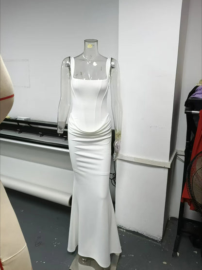 White Lace-Up Maxi Dress | Slim Fit Formal Wedding Guest Party