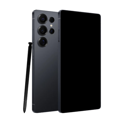 Black smartphone with a stylus on a white background