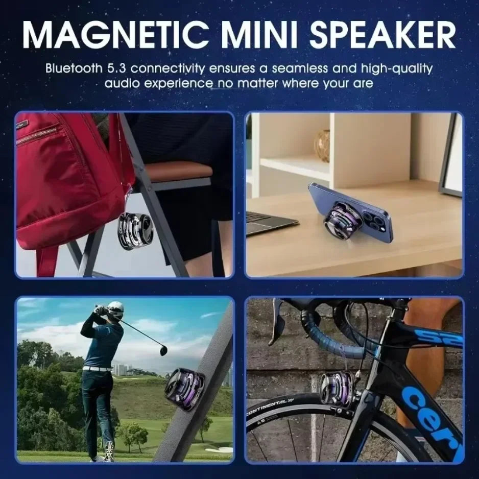 Magnetic mini speaker with various usage scenarios on a blue background