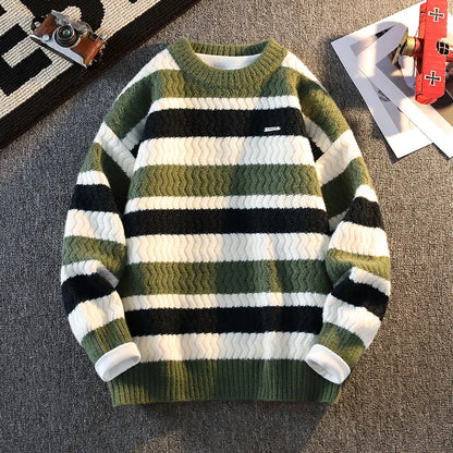 Men's Clothing Screw Thread Round Neck Autumn Winter Pullover Lantern Long Sleeve Contrast Color Sweater Knitted Casual Tops