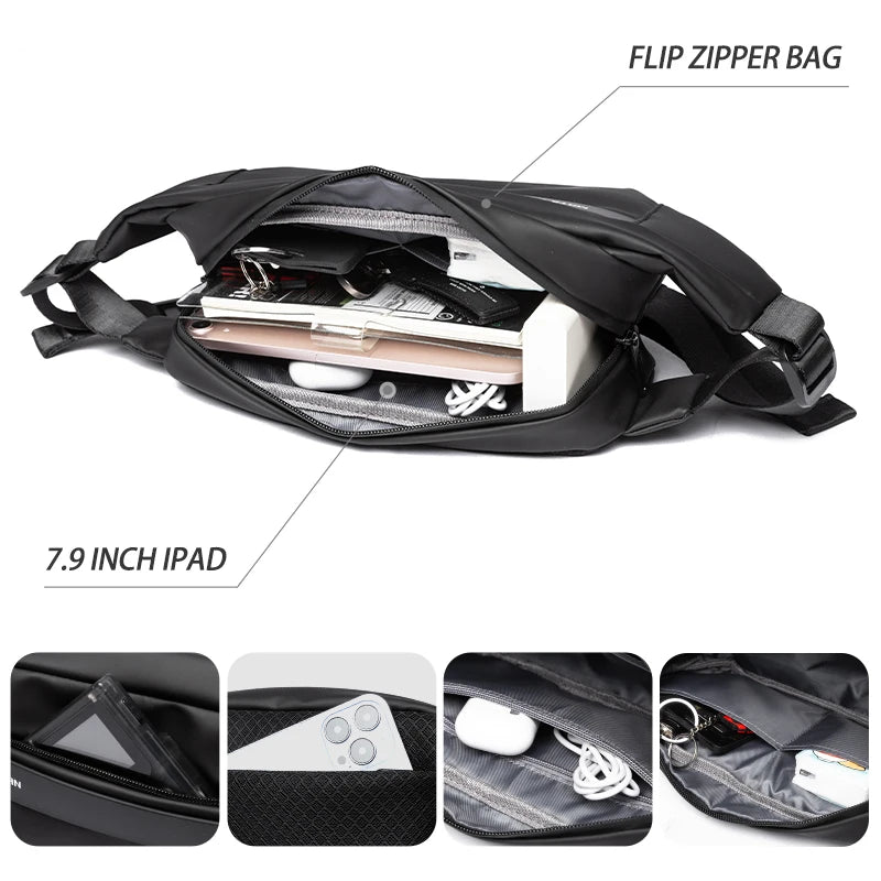 Black flip zipper bag with compartments and items inside on a white background