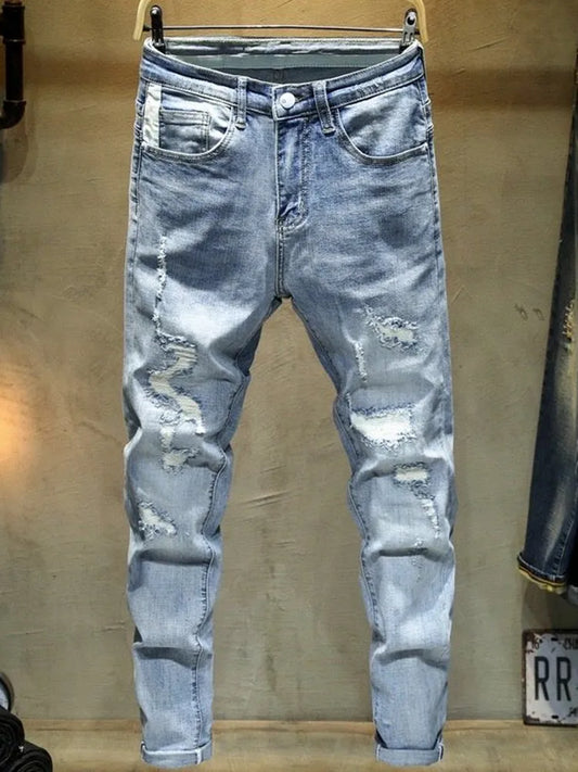 Einfarbige, perforierte Straight-Leg-Jeans mit Gummibund für Herren, legere, hochwertige Jeans