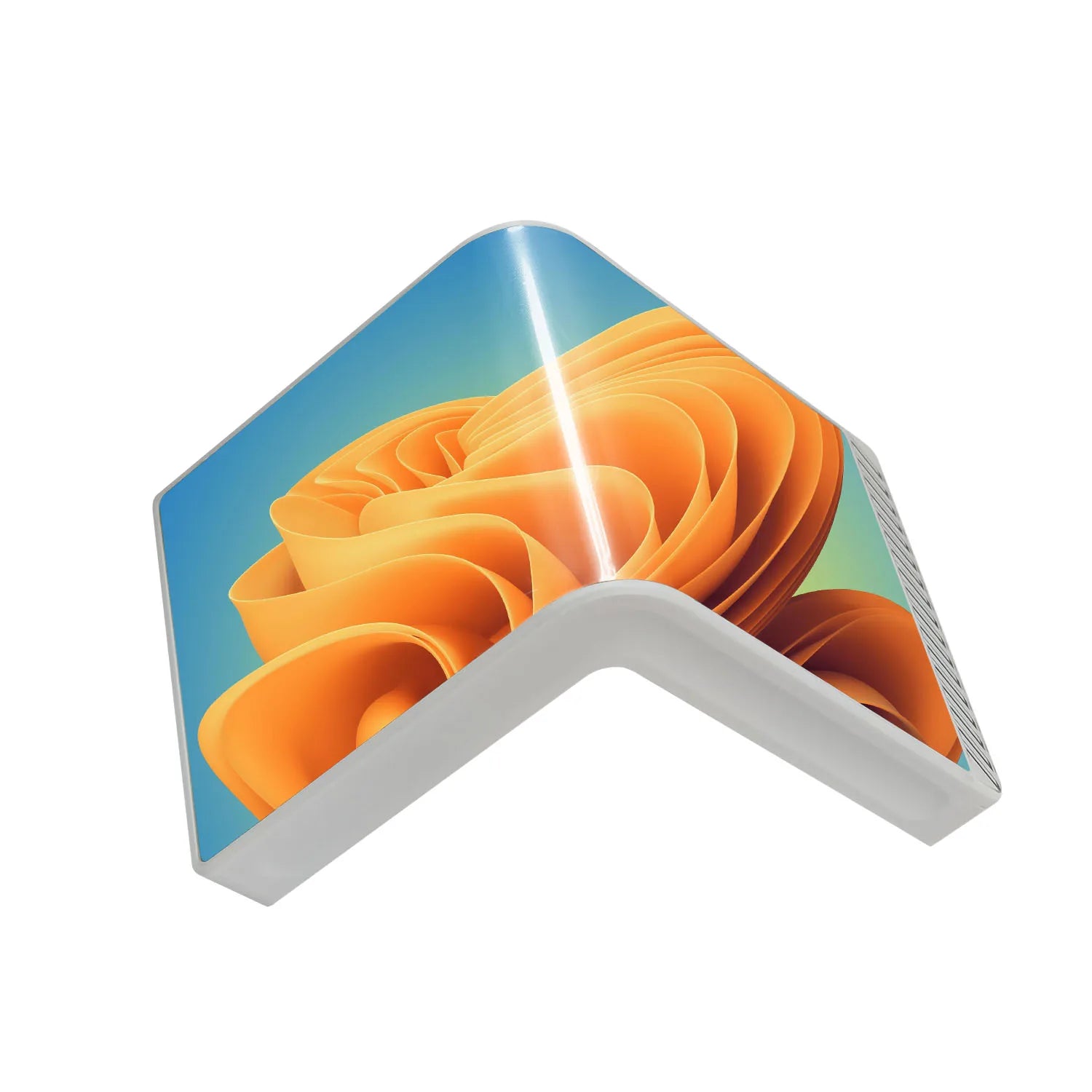 Hexagonal device with a colorful display on a white background