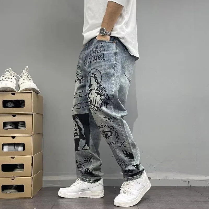 Herbst und Frühling Neuer Modetrend Bedruckte Straight Leg Sport-Jeans Herren Locker Bequem Übergröße Hochwertige Hose