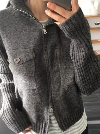 Korean Sle Lazy Thiened Knitted Sweater Coat Women's Autumn Winter Anti-Aging High Collar ort Length Vintage Top