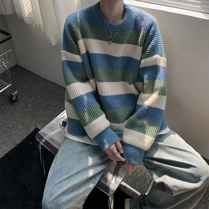 Men's Casual Loose Knitted Sweater Autumn Winter New Sle Lazy Faion Trend Stripe Knitwear Comfortable Base Layer Woolen S...