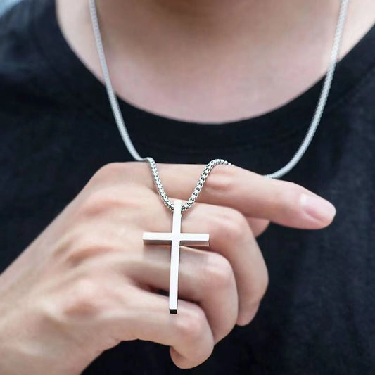 Vnox Cross Necklace for Men Women, Silver Color Plain Cross Pendant Collar with Stainless Steel Box Chain - Teglex