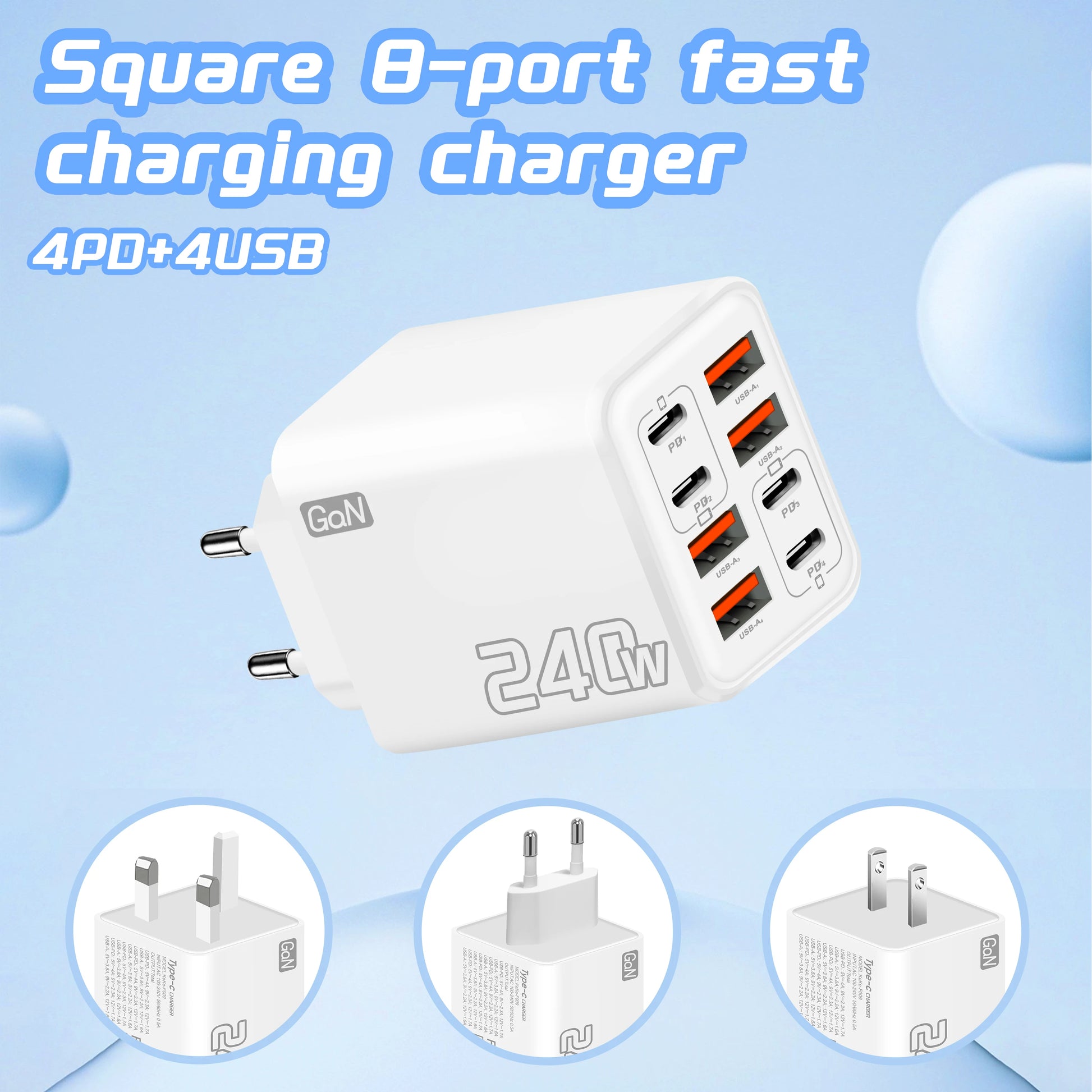 White 8-port fast charging charger with multiple USB ports on a light blue background