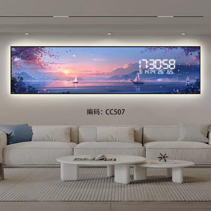 Digital clock with scenic display in a living room setting