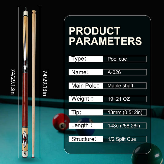 Premium Canadian Hard Maple Pool Cue 13mm Tip Steel Quick Connect Ideal for Nine Ball and Carom Billiards Pool Skill Training