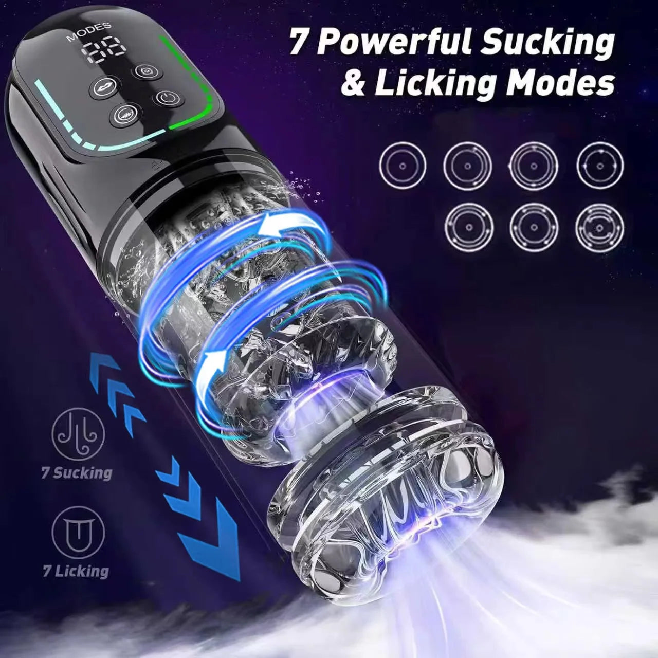 Sexual product with LED lights and text on a dark background