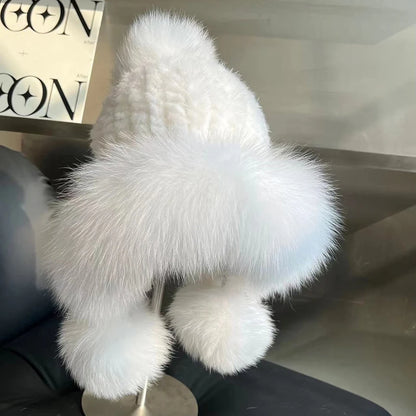 Real Mink Fur Hatfor Women Woven Fur Fisherman Hat With Fox Fur Ball  Thickened Warm Ear Protection Hat Hand Beanies Bonnets Cap