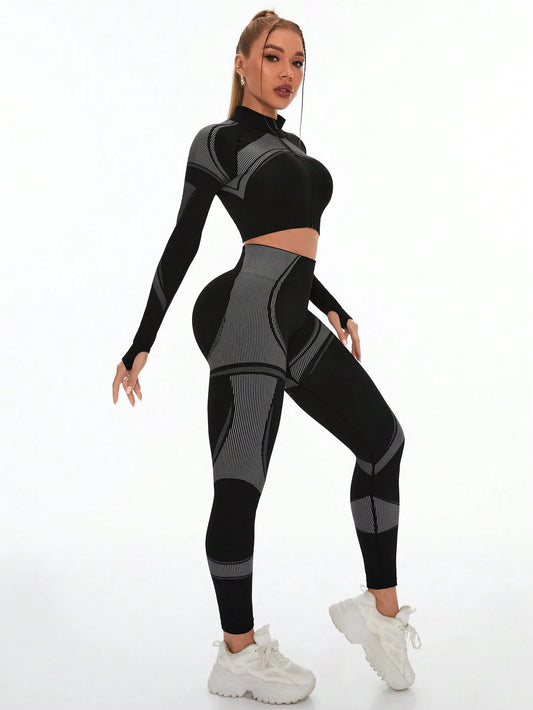 Women's Seamless Yoga Set High-Waist Leggings Long Sleeve Top