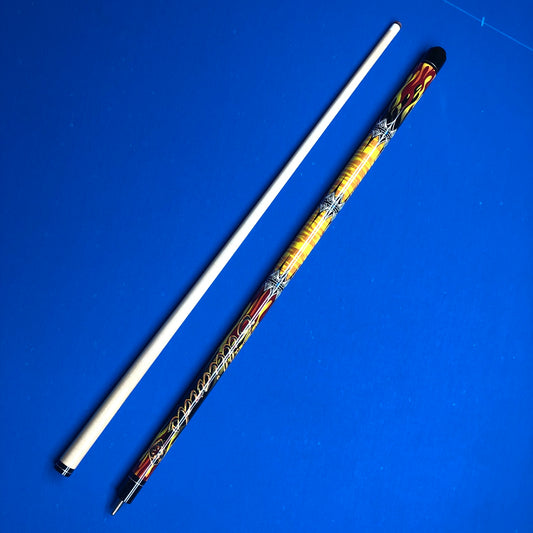 Decorative pool cue with a white shaft and colorful handle on a blue background