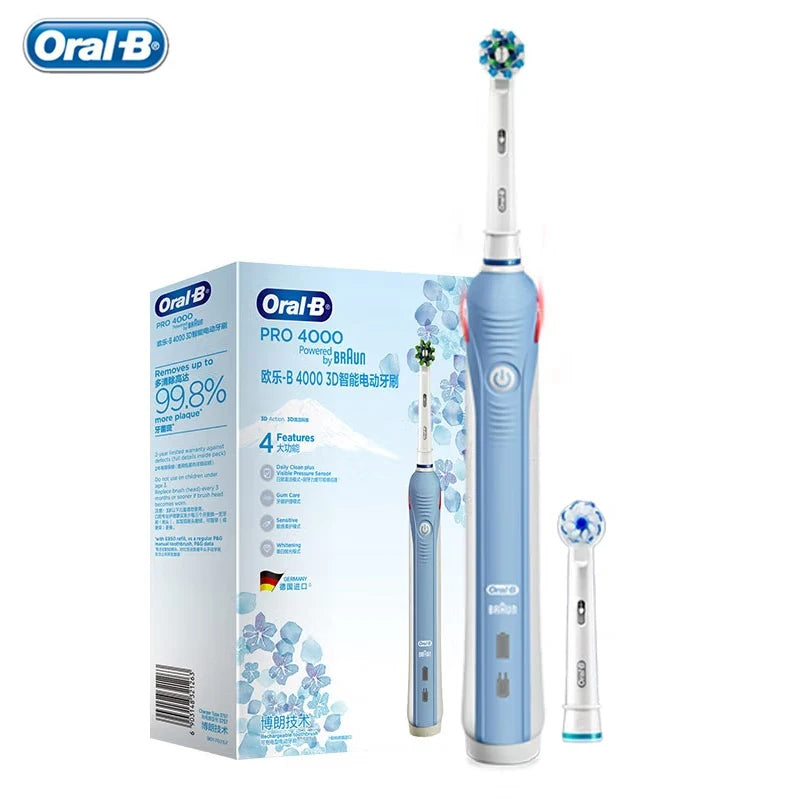 Oral B Elektrische Zahnbürste Pro 4000 3D-Reinigung Tägliche Reinigung Zähne Sichtbarer Andrucksensor 4 Modi Zahnfleischpflege Wasserdicht Wiederaufladbar