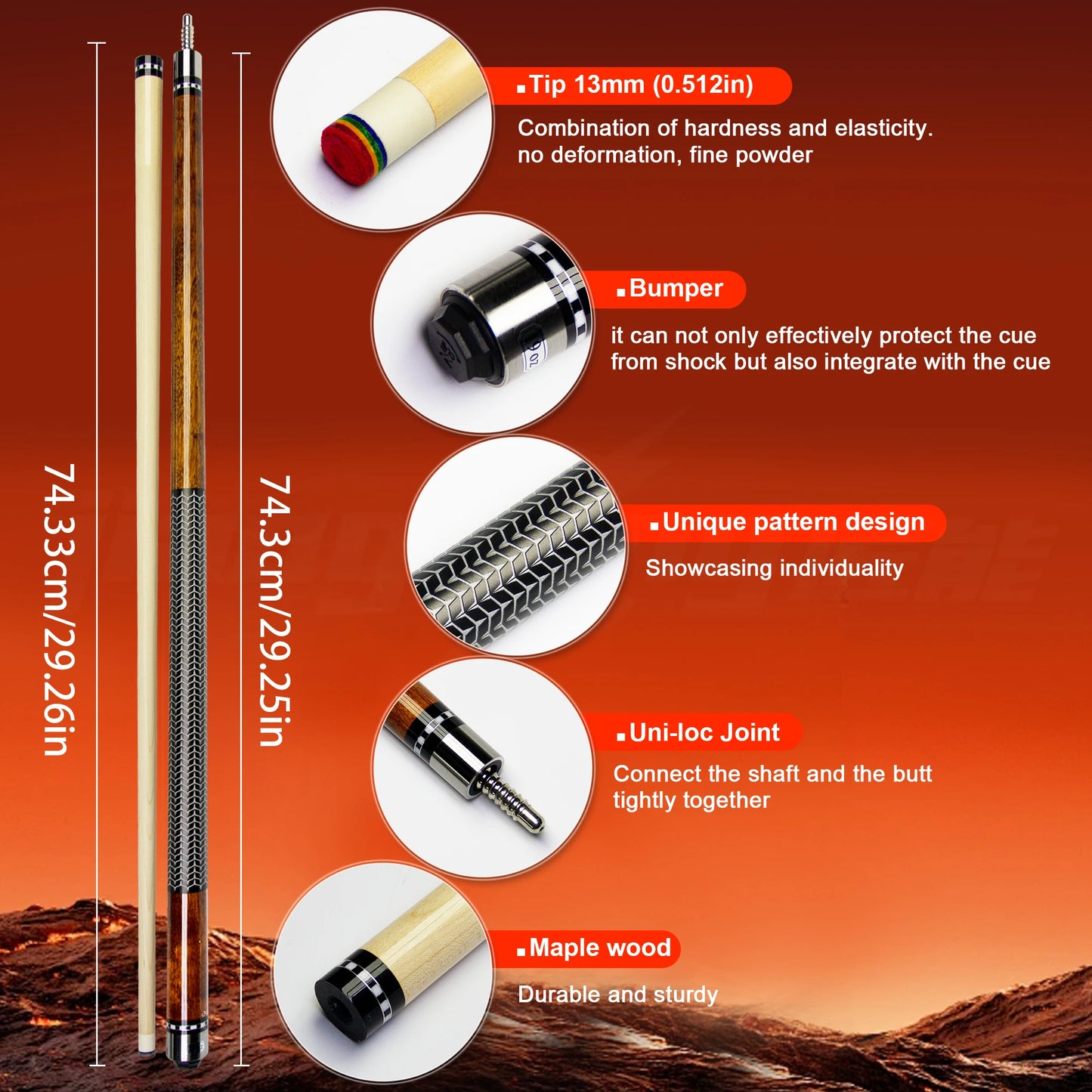 58.52in 3D Grip Hard Maple Brown Billiards Pool Cue Professional Anti Sweat and Anti Slip for Nine Balls Carom Competition Games