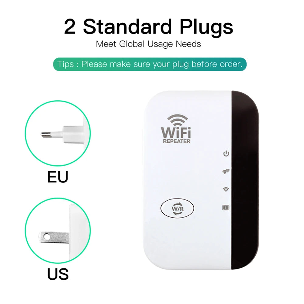 White and black WiFi repeater with EU and US plug illustrations on a white background