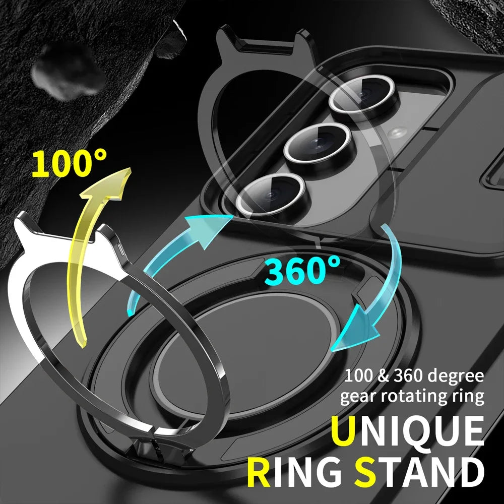 Ring stand with 100° and 360° rotation capabilities on a black background