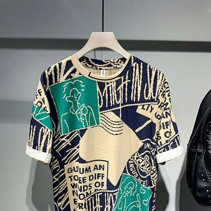 Patterned t-shirt on a hanger against a neutral background