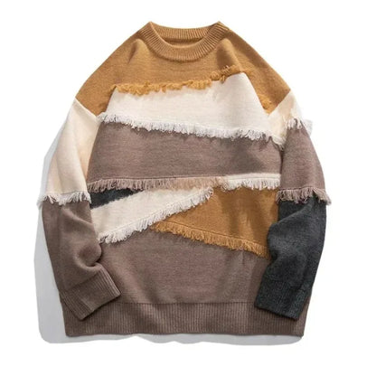 Color-blocked sweater with frayed edges on a white background