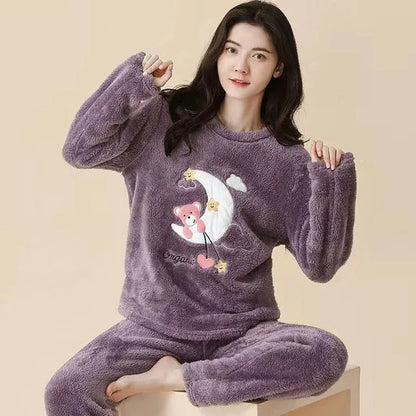 Thickened Warm Large Size Padded Fall and Winter Women's Pajamas Top and Pants Set Coral Velvet Ladies Cartoon Bear 2PCS/Set