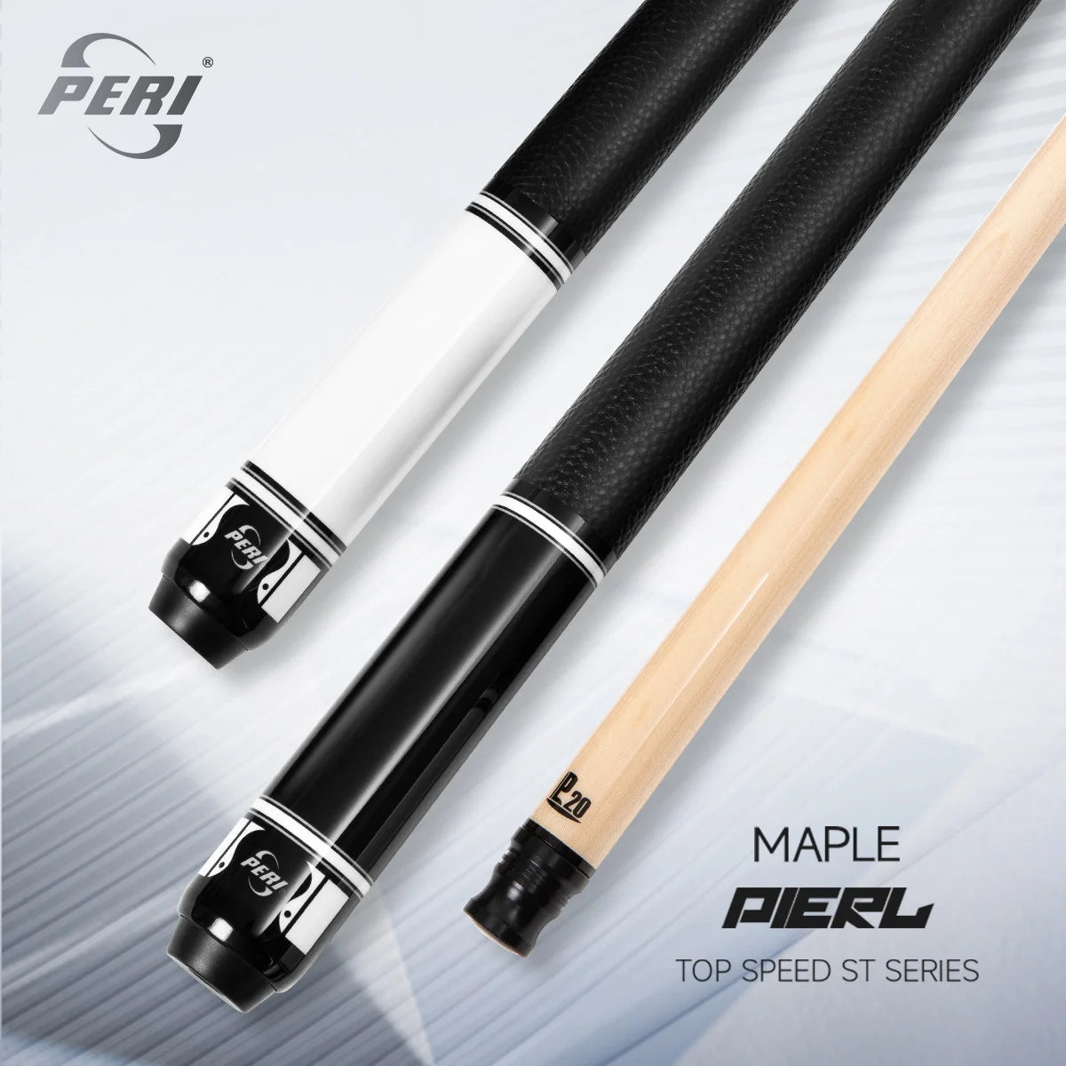 Two pool cues with black and beige handles on a light gray background, featuring the PERI brand.