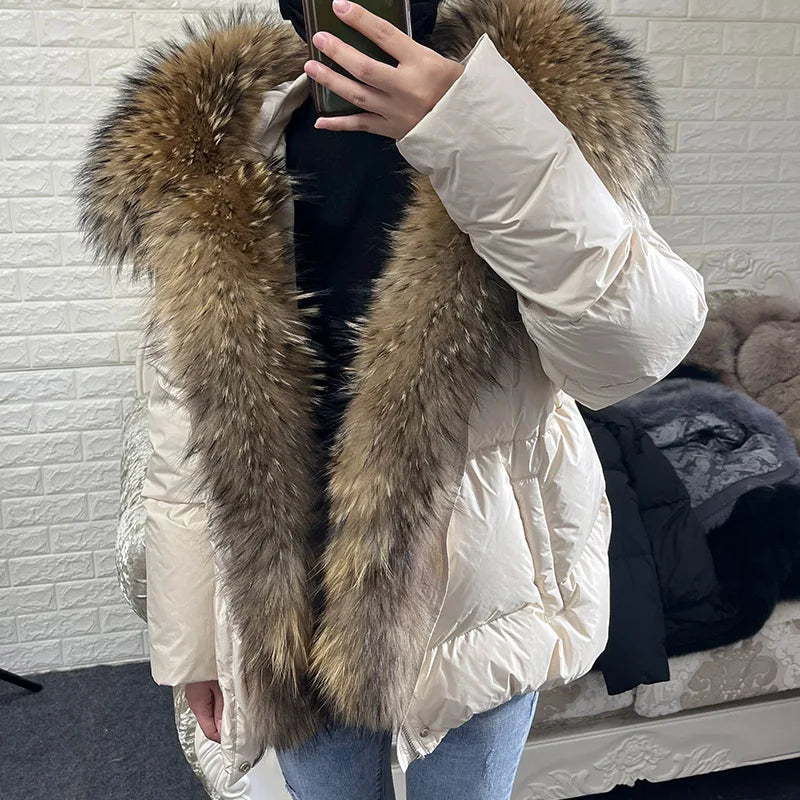 2025 MAOMAOKONG White Duck Down Jacket Winter Women Warm Loose Coat Natural Real Fox Fur Collar Thick Luxury Outerwear parkas