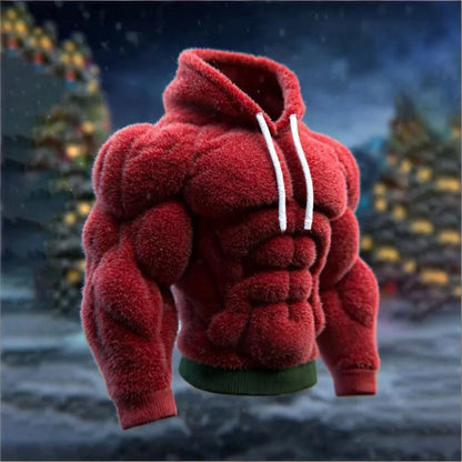 Men's Casual Sports Hoodie Fleece Lined Chest Muscle Print Long Sleeve Loose Fit Polyester Fiber Digital Print Hooded Sweatshirt