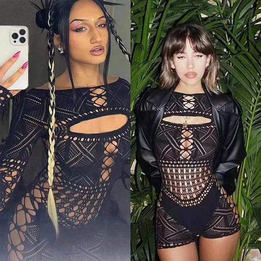 Sex-Kleid Jumpsuit mit ausgehöhlter, eng anliegender Spitze und sexy figurbetontem Rock, lässige Damen-Maxikleider, gewagte Dessous Frau XXX