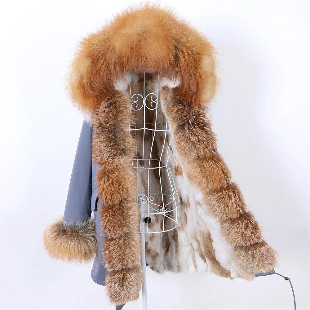 MAOMAOKONG 2023 Abnehmbarer Echtfuchs Pelzkragen Mäntel Damen Winterjacke Kapuze Kaninchenfellfutter Lange Parkas Damenbekleidung