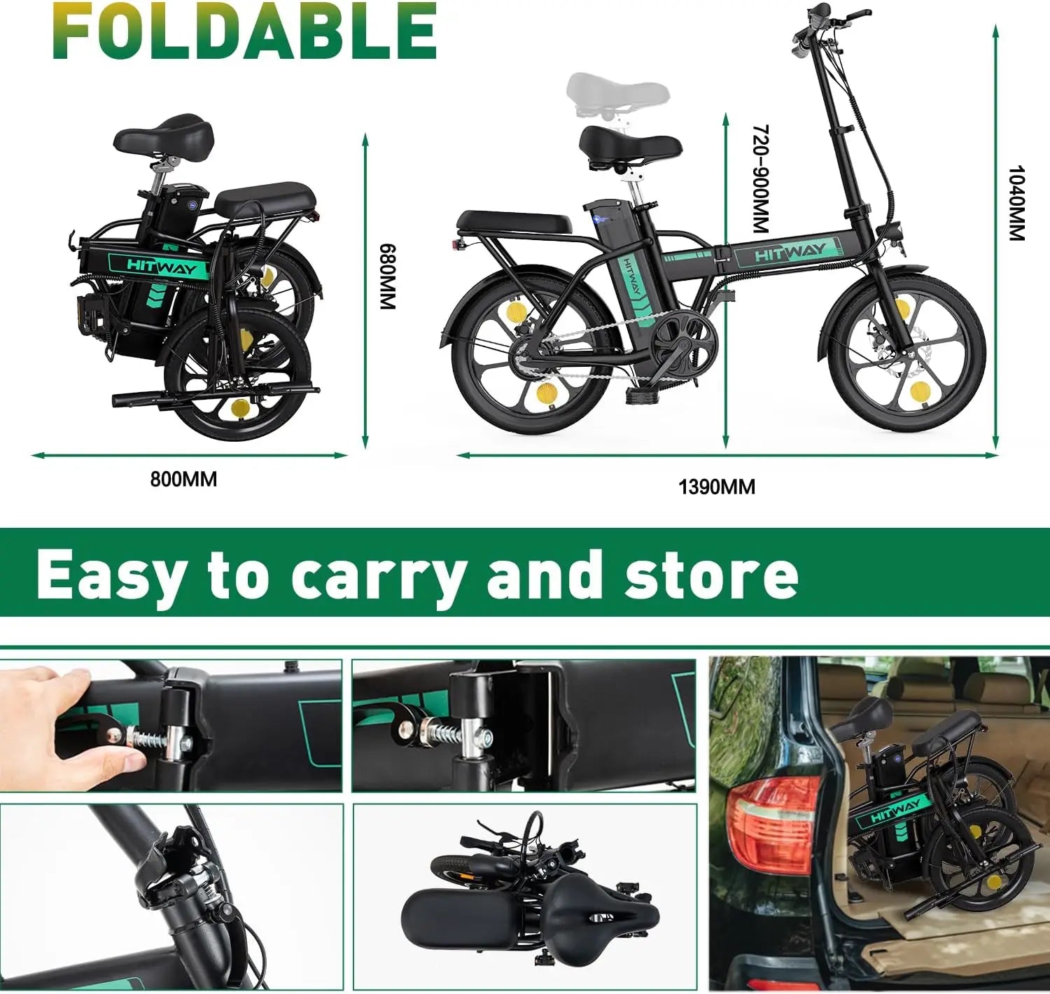 Foldable electric bike with dimensions and ease of carrying and storing features.