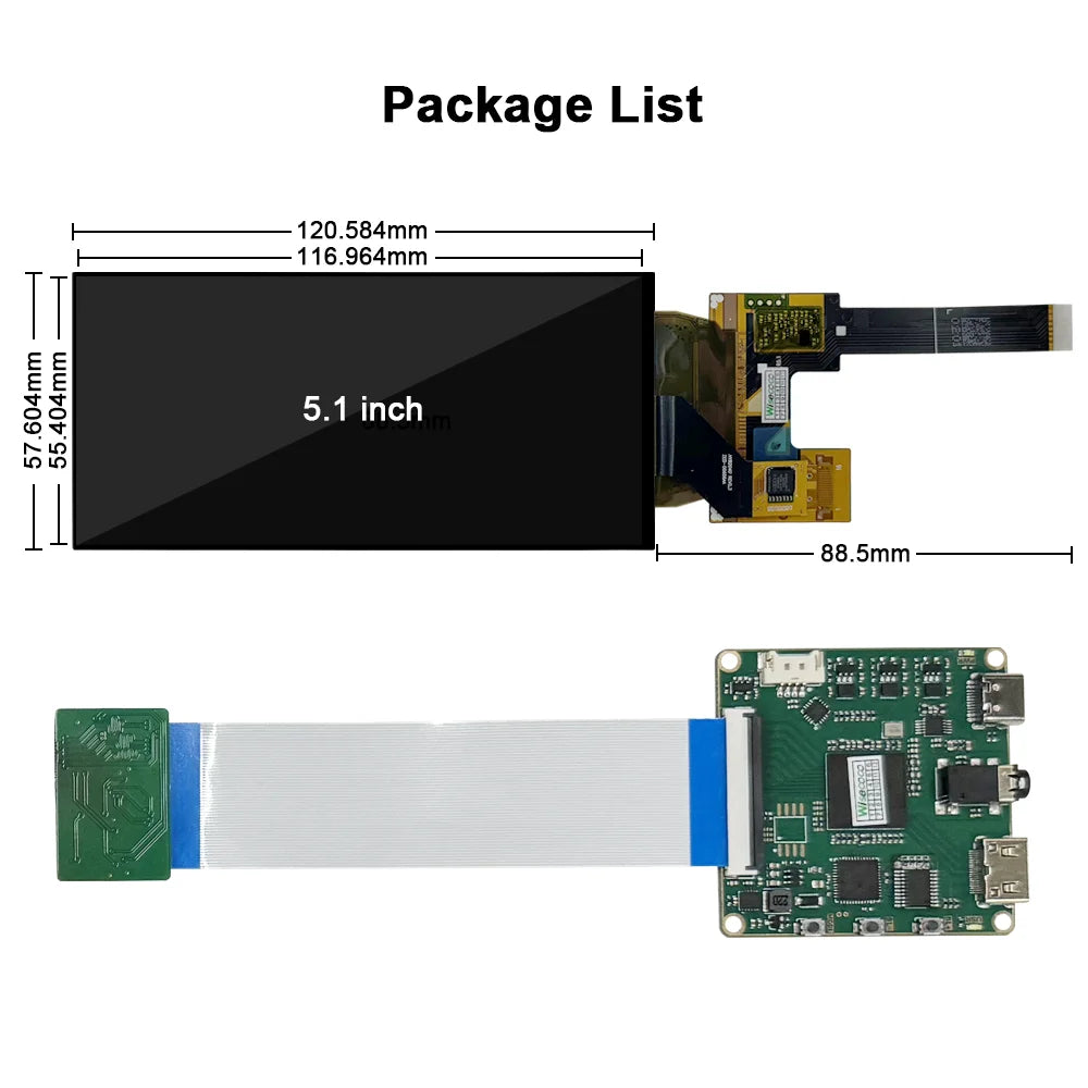 Package list diagram of a 5.1-inch display module with dimensions and components.