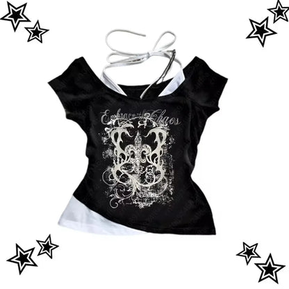 Women's 90s Vintage Punk T-Shirt Summer Streetwear Sexy Short Sleeve Gothic Slim Crop Top Hotgirl Casual Femme Tee Harajuku Y2k